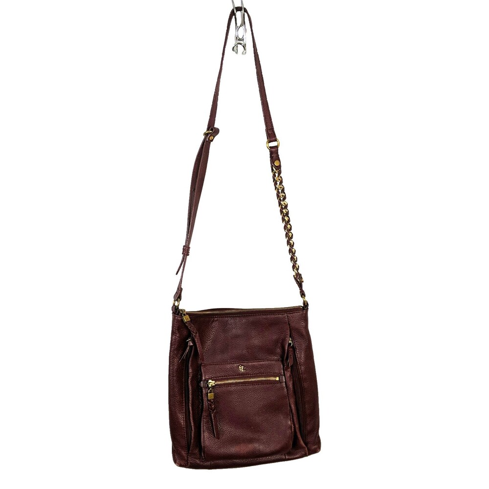 Elliot Lucca Gwen Crossbody Bag Burgundy Pebbled Leather Chain Strap Distressed